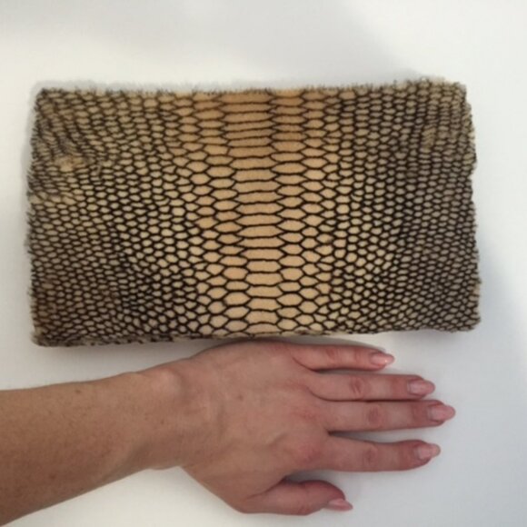 Genuine Fur & Leather Clutch – Luxe Tan Shearling with Black Snakeskin Print - Picture 6 of 11